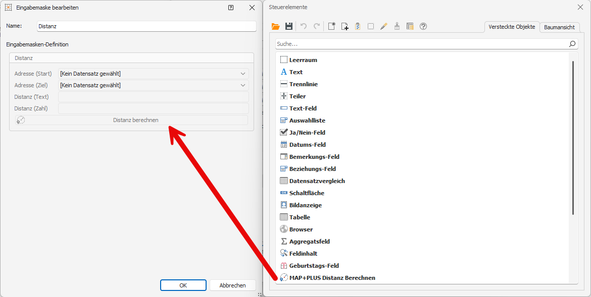 MAP+PLUS Distanz berechnen in der Eingabemaske