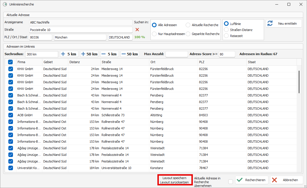 Layout speichern in der Umkreisrecherche