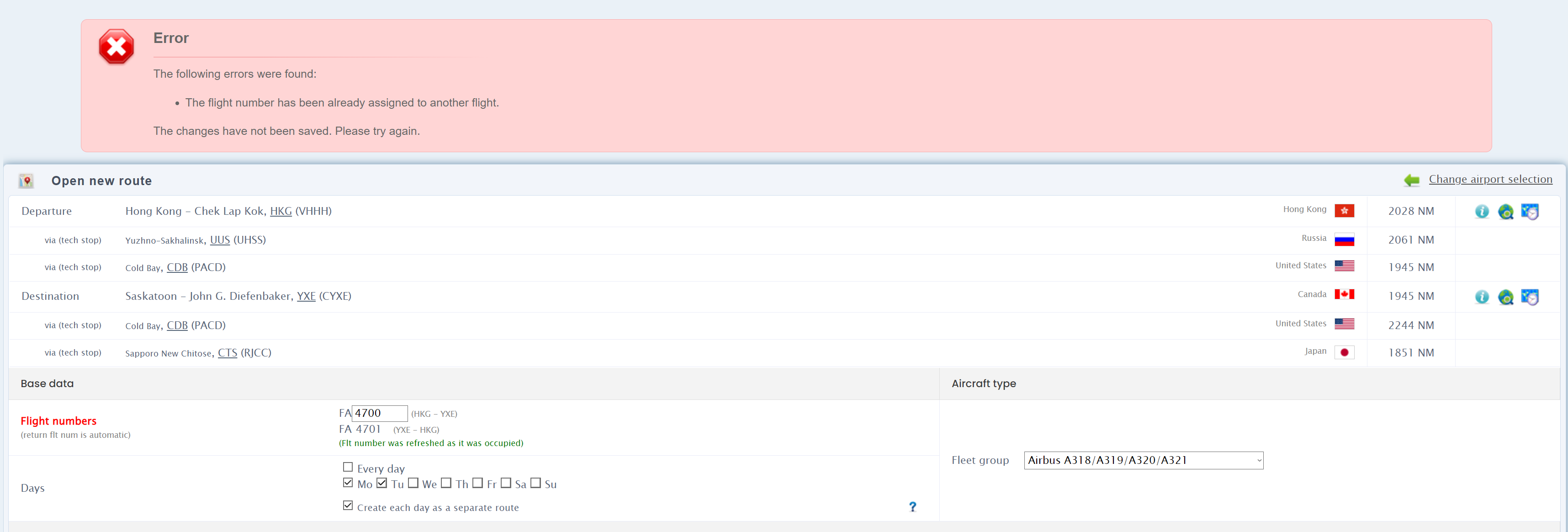 Step 2: confirming the above "open route" with flight numbers 4968 =&gt; error
