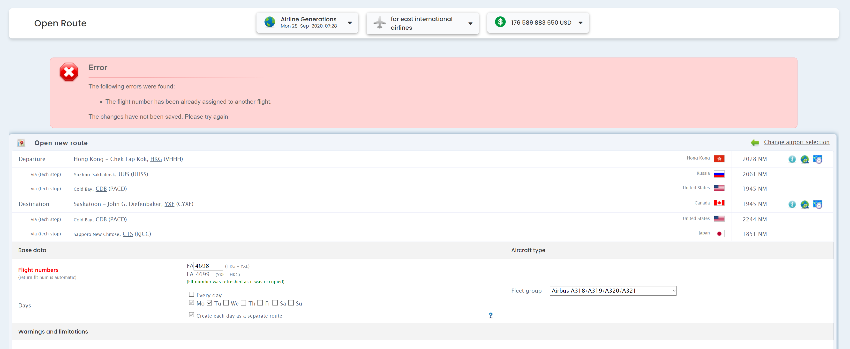 Step 1: open route with flight number 4696 =&gt; Error