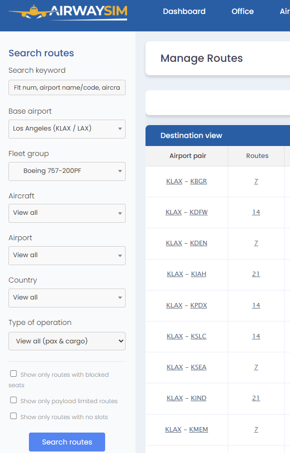 Filters set for Destination View - Note it includes 757-200PF only