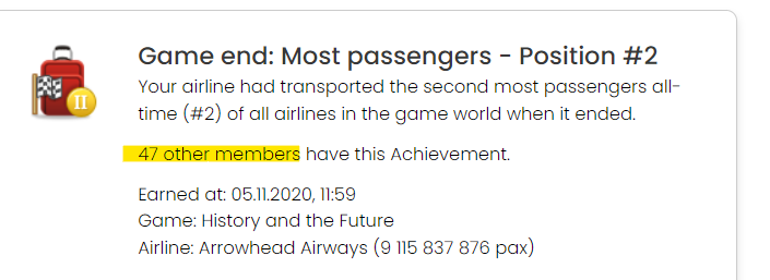 We used to be able to click here to see who else got it. Also, is there a chance to include a "leaderboard"? So in this particular case, list everone who got that achievement, ordered by number of pax. Just to compare who not only got this achievement, but who got the most pax in AWS history.