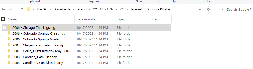 Google Takeout Data Download grouping Google Photo's image by GPhoto albums represented by individual folders.