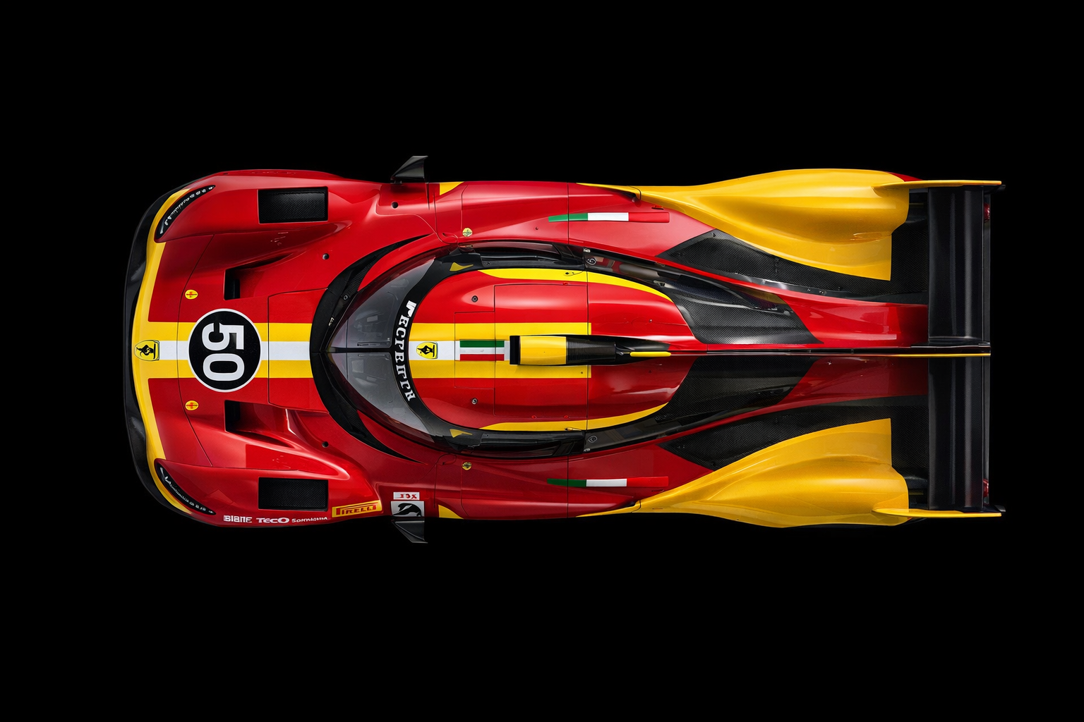 An aerial view of the Ferrari 499P, the famous racing icon. Plz add this.