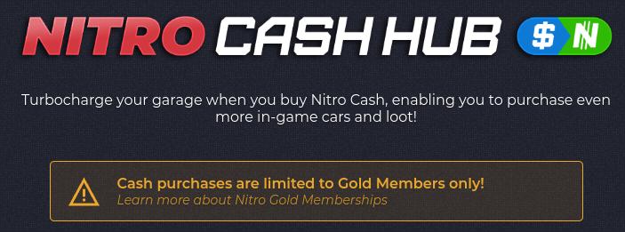 Nitro Cash Hub warning telling players that purchases are limited to Gold Members only