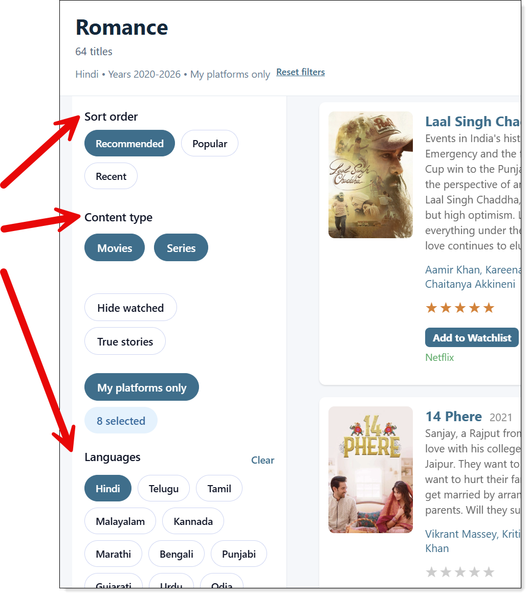 On the&nbsp;Browse and Filter page choose Sort order, Content type, Watched, True Stories, Languages and Release Year