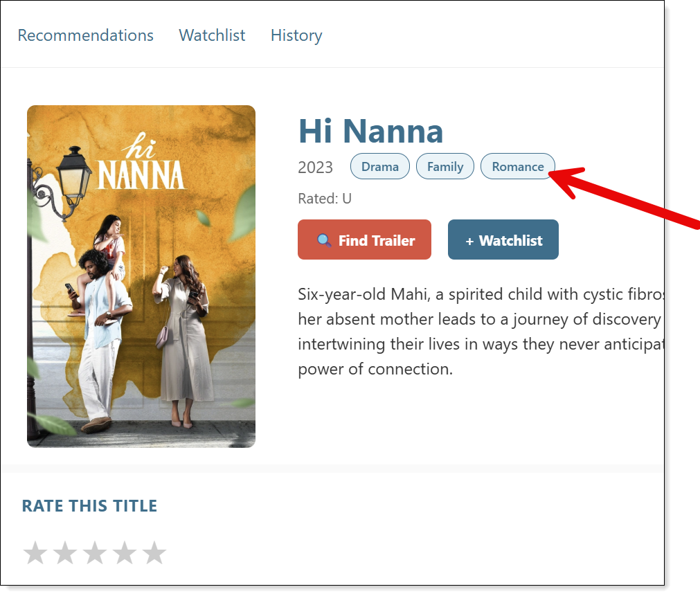 From any movie's detail page, click a genre to get to the Browse and Filter page for that genre.