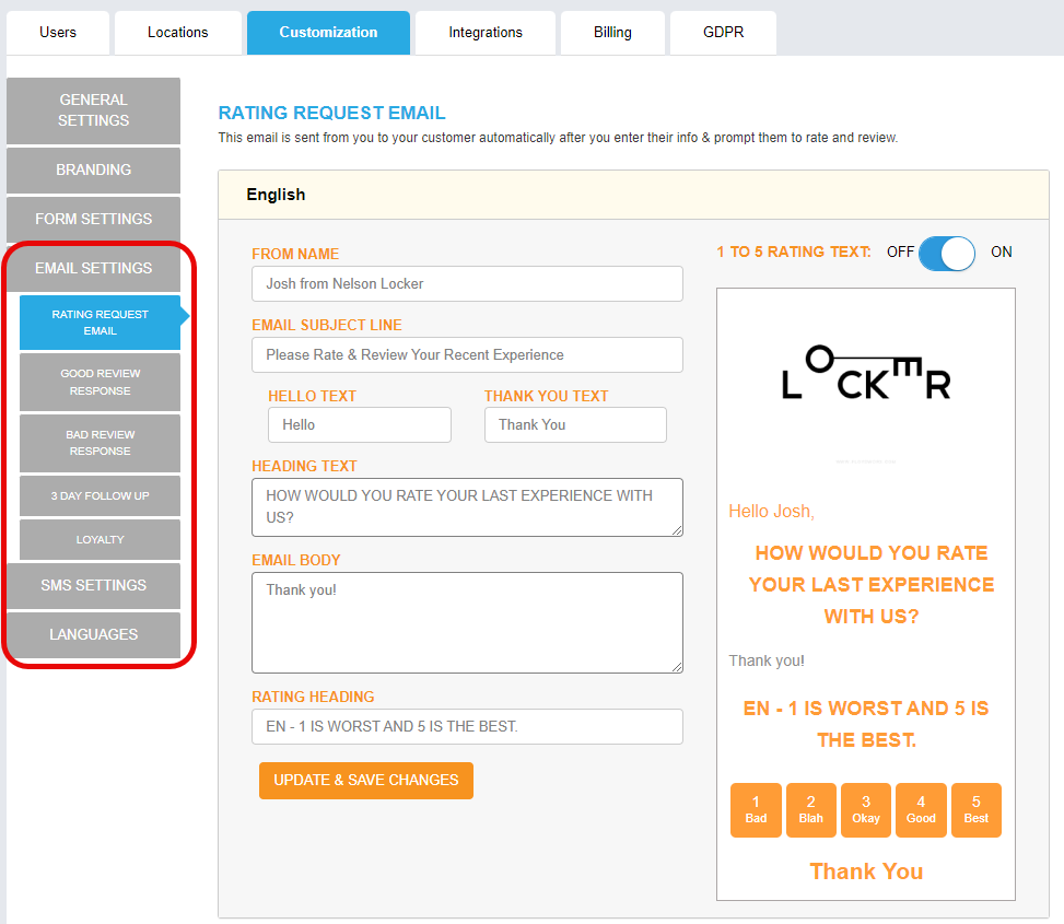 These sections have areas that can be configured based on the language settings