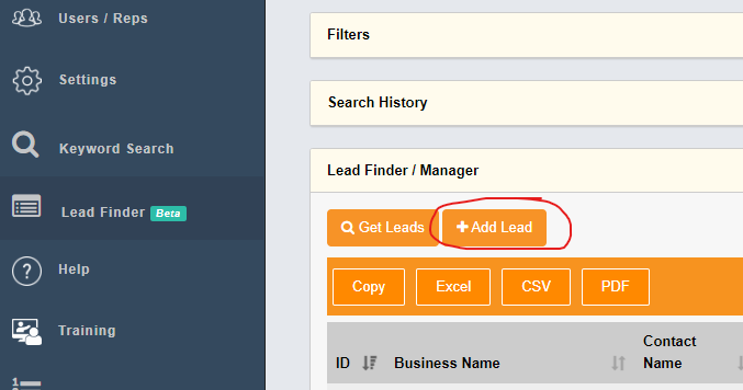 Ability to “add business” under the lead finder (which users can use as a basic CRM for manual entry)