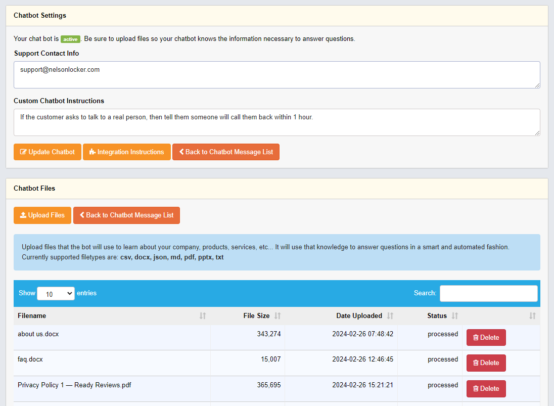The chatbot settings come with abilities to customize fields and upload files