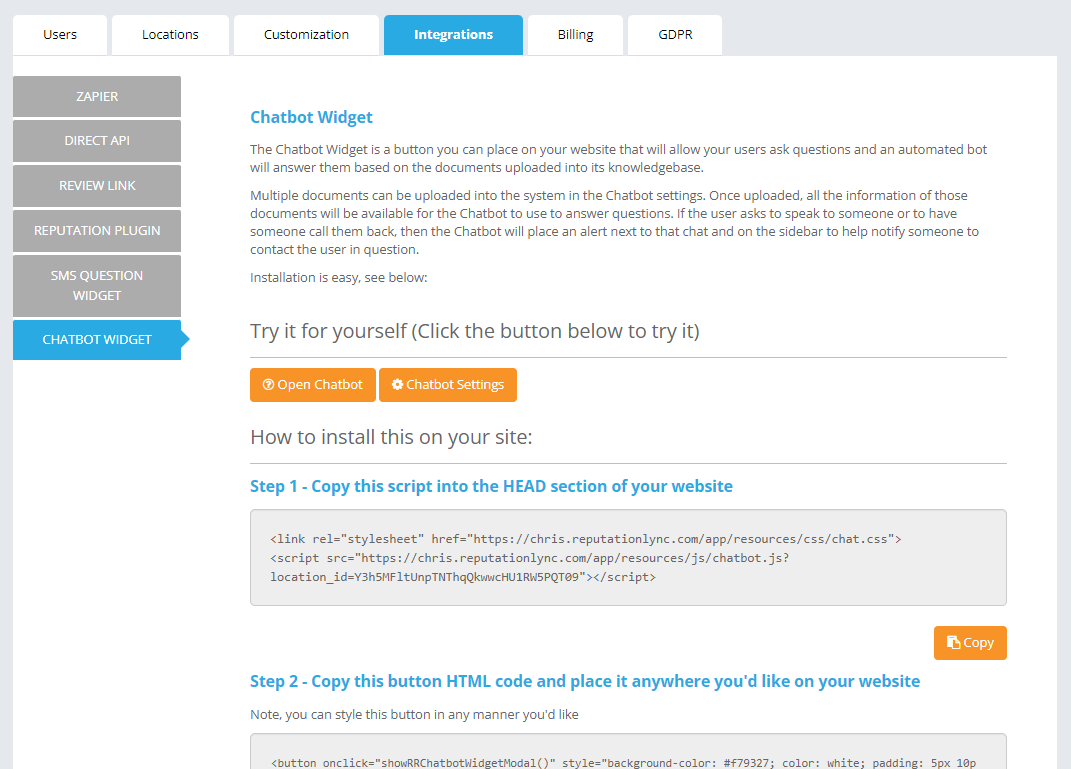 This is the installation instructions for setting the chatbox feature on a website.