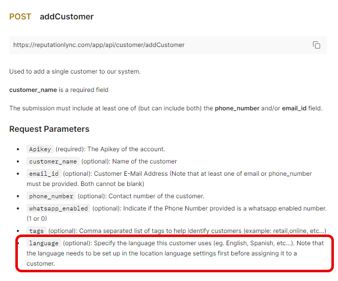The API and API documentation have been updated to support customer languages now