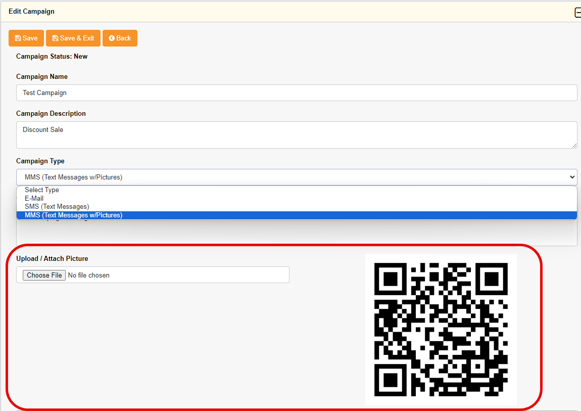 MMS is a campaign type that can be selected when creating or editing a campaign