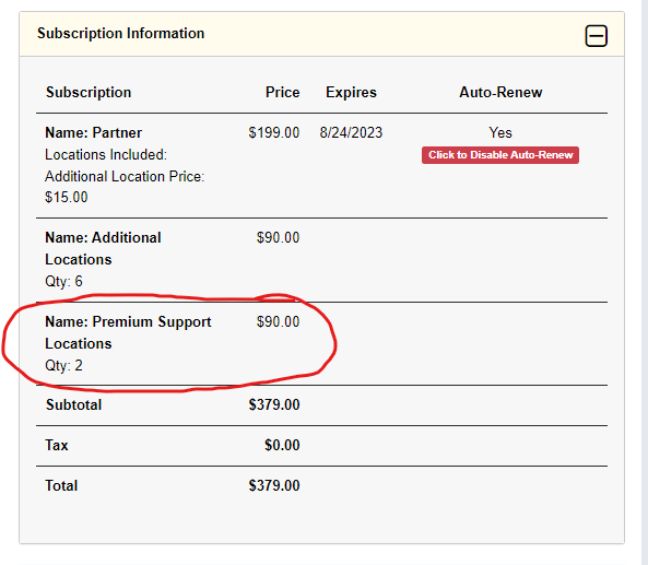 How it will look on your bill&nbsp; when a location has premium support ($45 each)