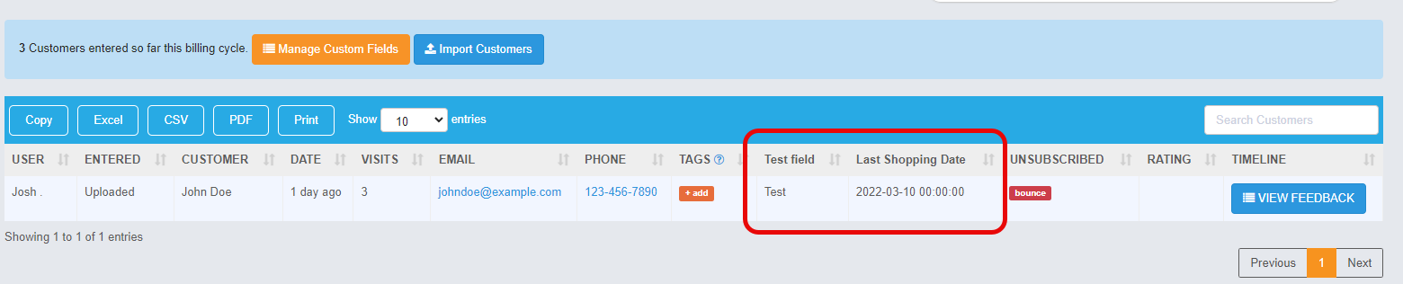 The dynamic columns will automatically show on the customer list table