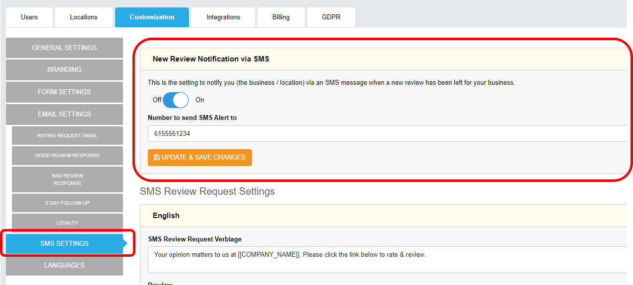 After it’s been enabled and a phone number added, then the text notification should be sent within a minute or so after the rating/review has been left.