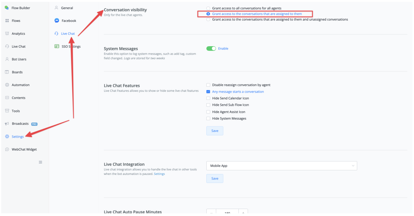 This allows for more control as to what kind of conversation your live chat agents have access to